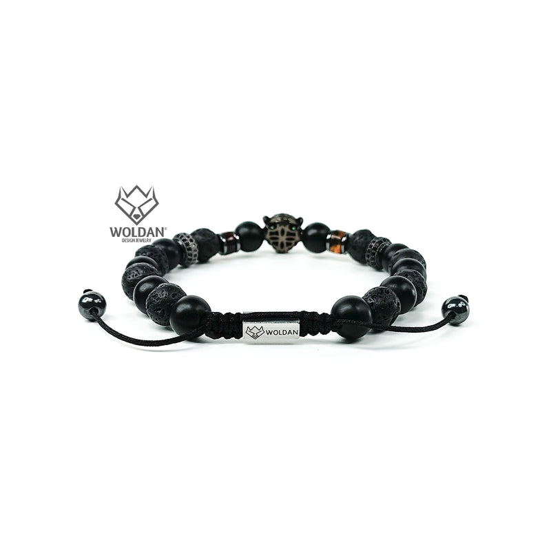 Black and Amber Bracelet with Jaguar-Themed Charm