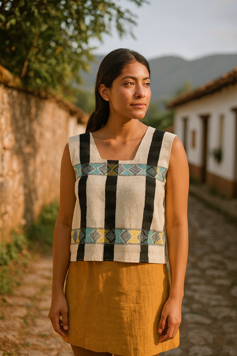 White and Black Frayed Cotton Blouse