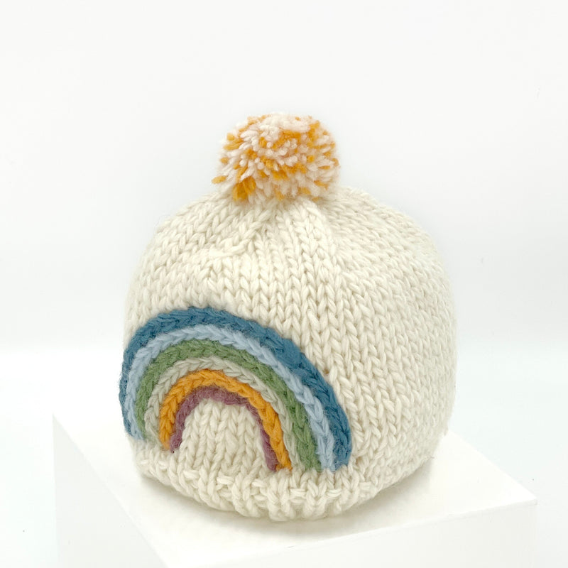 hand knit wool baby hat with rainbow
