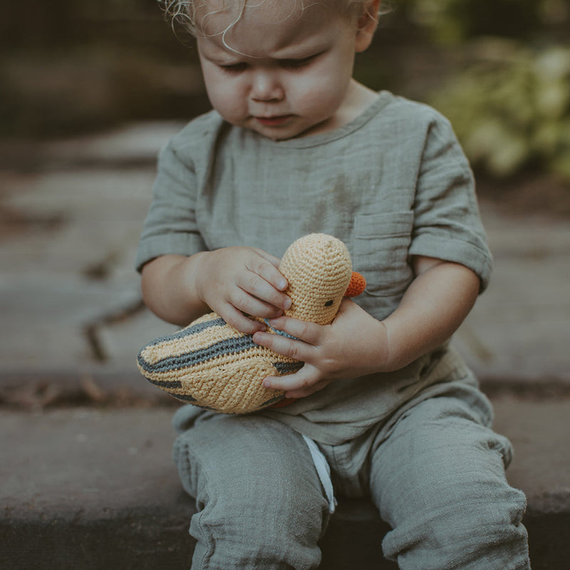 Baby Duck Rattle - Stripey Yellow