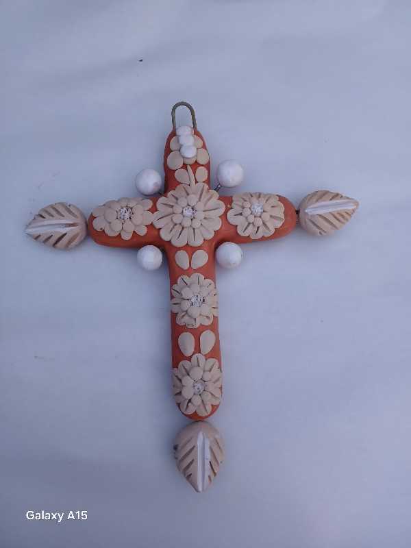Cross with Traditional Embroidery – Natural Flowers on Red Background