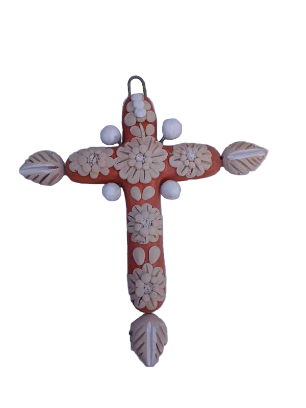 Cross with Traditional Embroidery – Natural Flowers on Red Background