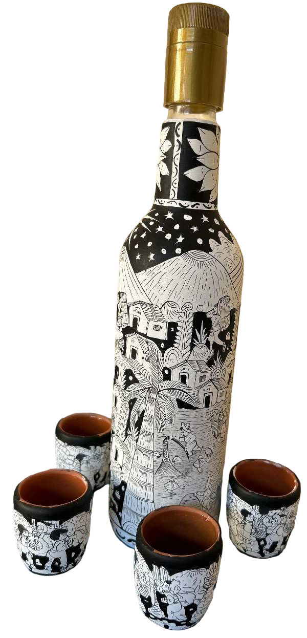 Hand-Painted Glass Bottle with Four Tequila Shot Cups