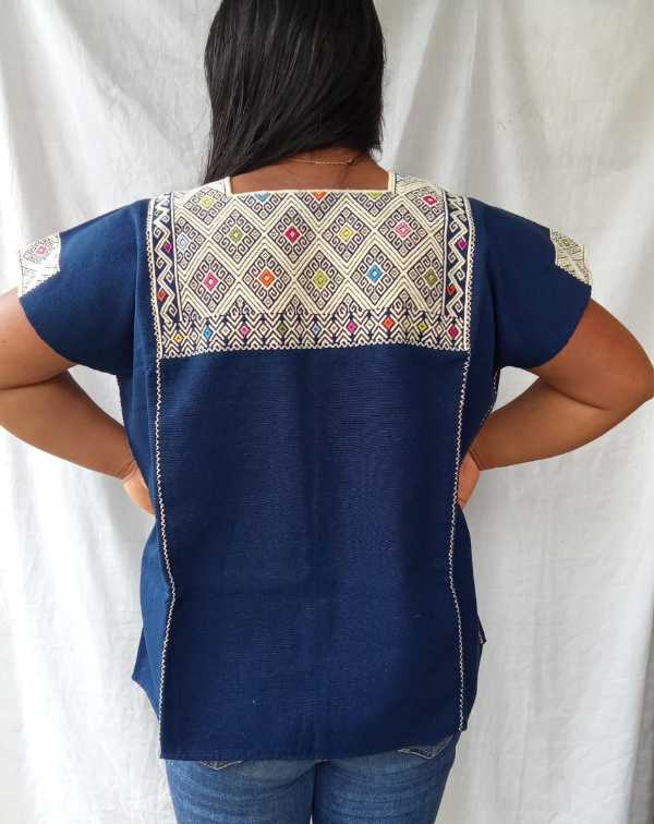 Navy Blue Huipil with Cream Brocade