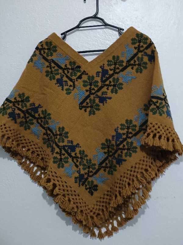 Small Huipil in Marigold Wool with Indigo Bird Motifs