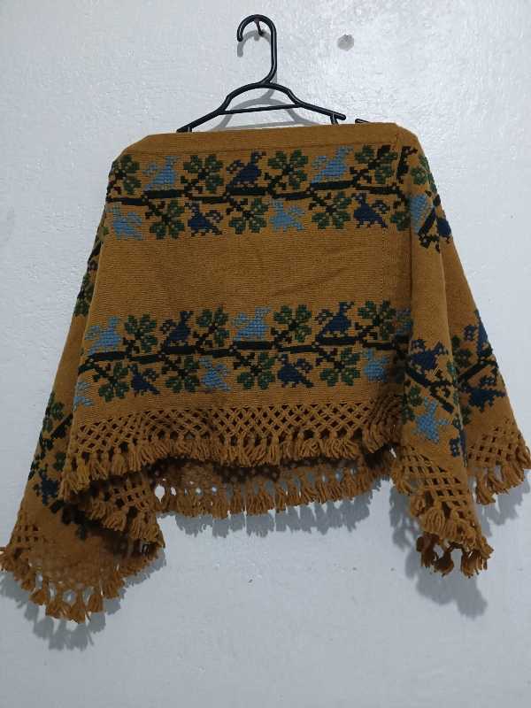 Small Huipil in Marigold Wool with Indigo Bird Motifs