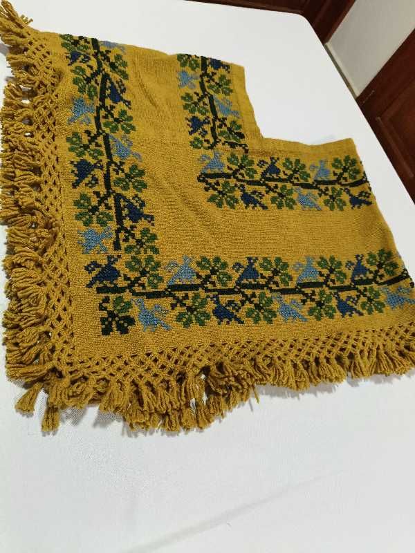 Small Huipil in Marigold Wool with Indigo Bird Motifs