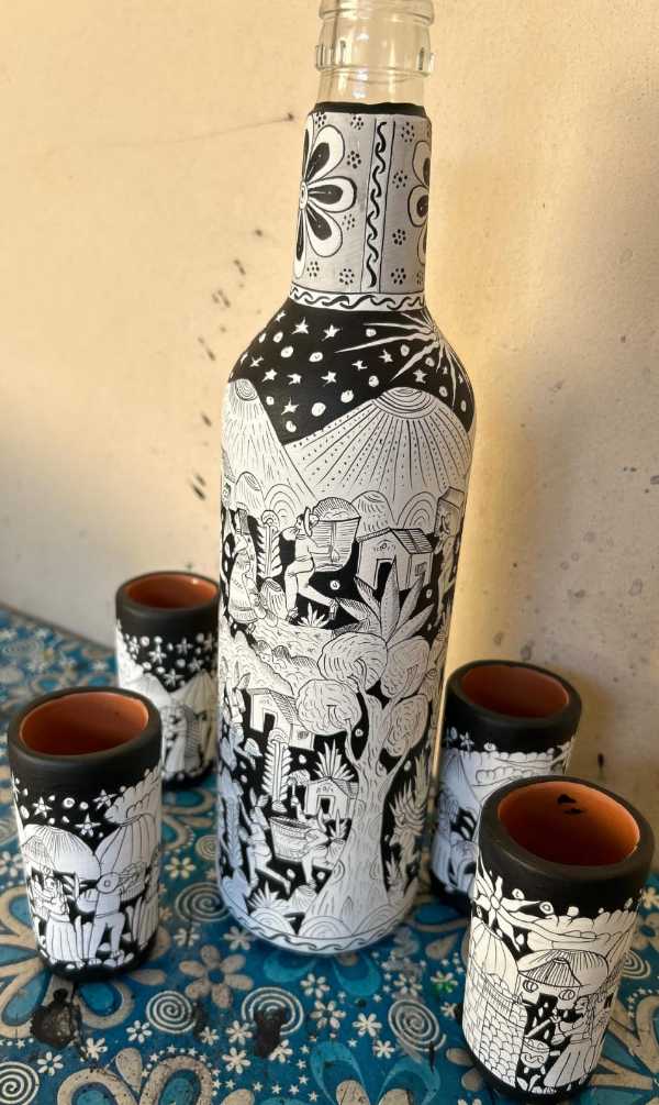 Hand-Painted Glass Bottle with Four Tequila Shot Cups