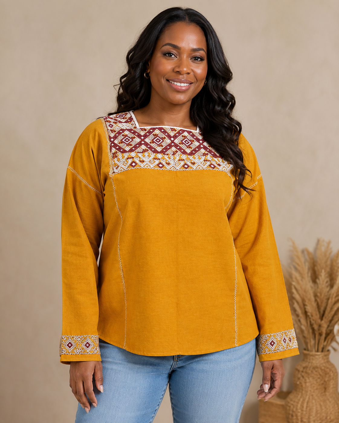 Golden Long-Sleeve Blouse with Handwoven Brocade