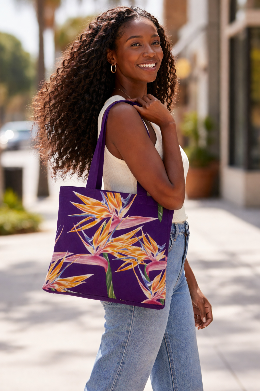 Purple Bird of Paradise Cotton Tote Bag