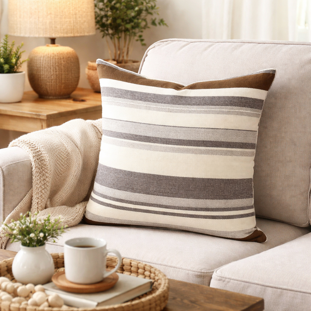 Alpaca Brown Pillow Cover in Ivory, Brown and Gray
