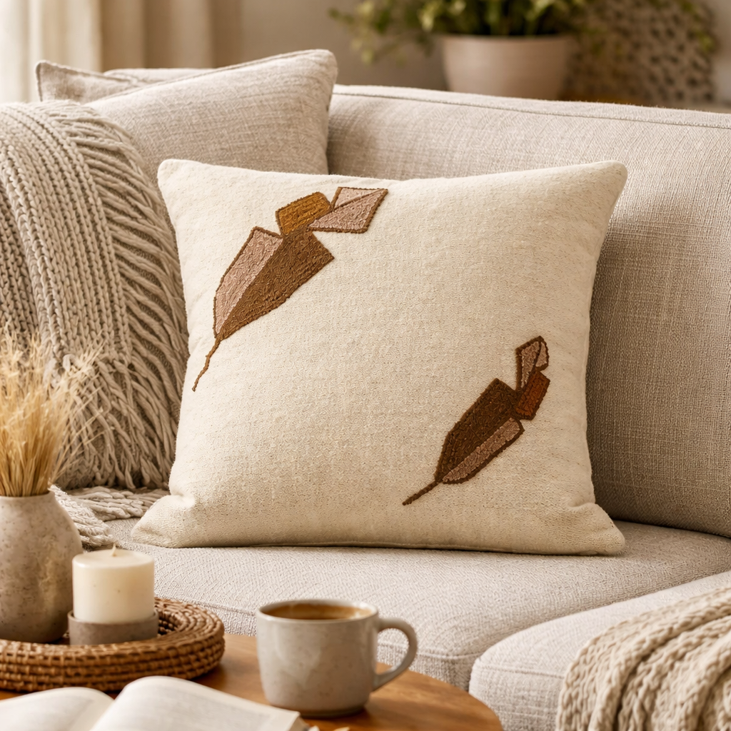 Wool Feather Pillow Cover in Ivory, Brown, Beige and Flesh