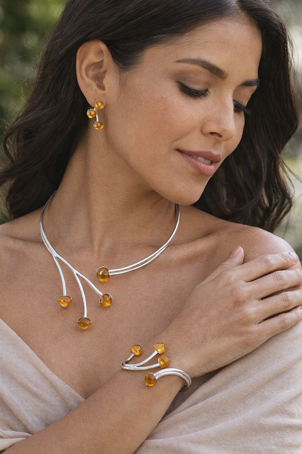 Passion Jewelry Set of Earrings, Necklace and Bracelet in Sterling Silver and Amber from Chiapas