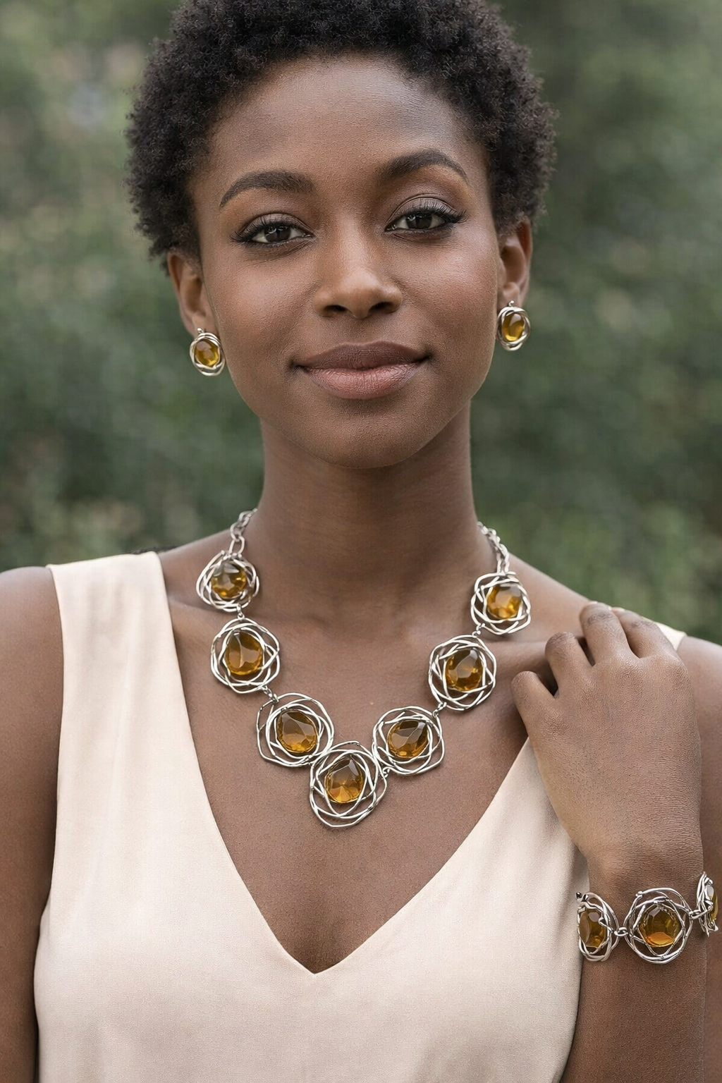 Dreamcatcher Jewelry Set of Earrings, Necklace and Bracelet in Sterling Silver and Amber from Chiapas