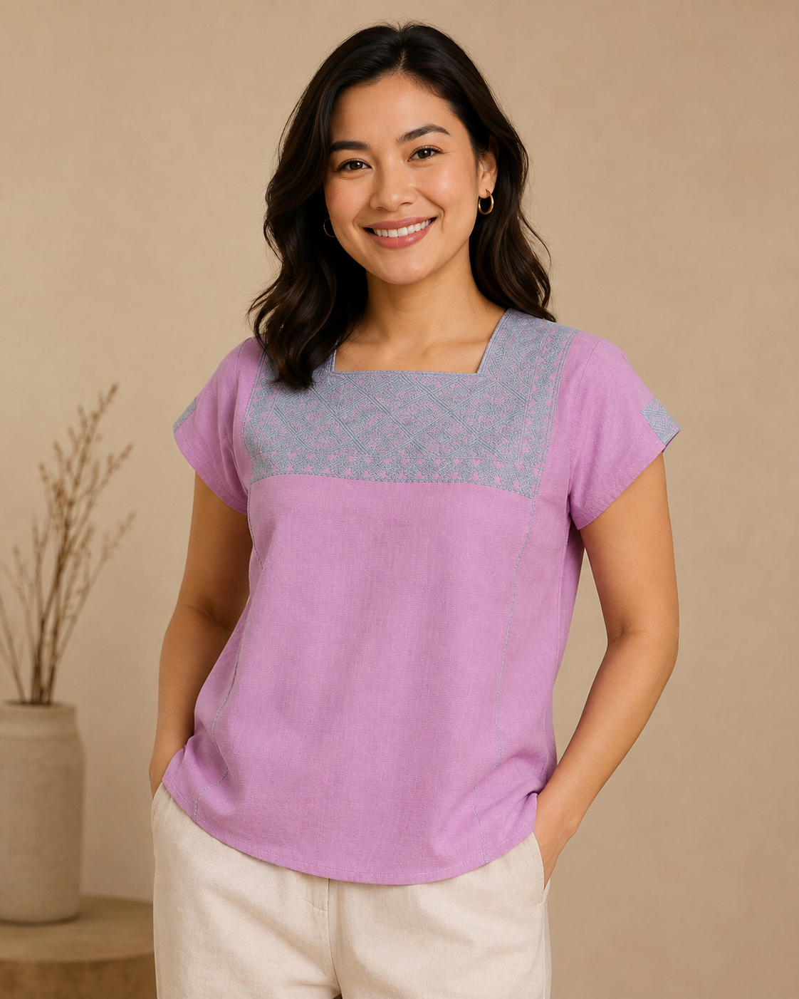 Rose Pink Square Blouse with Cement Green Brocade