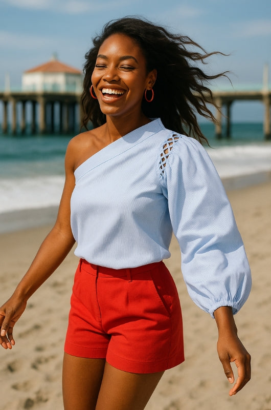 SAVANAH One-Shoulder Statement Sleeve Top