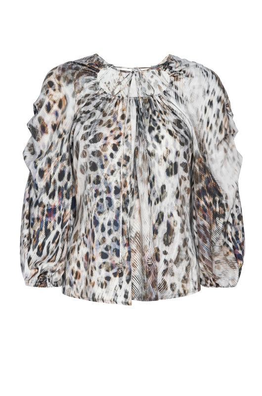 Reversible top with cheetah print on a white background, featuring a drawcord keyhole closure and 3 tuck design detail on the sleeves.