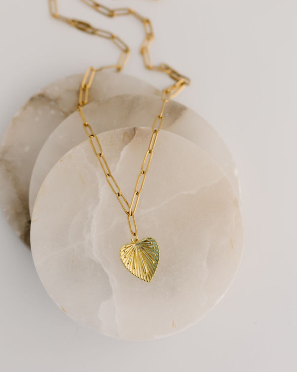 heart pendant on 20" gold plated paperclip chain