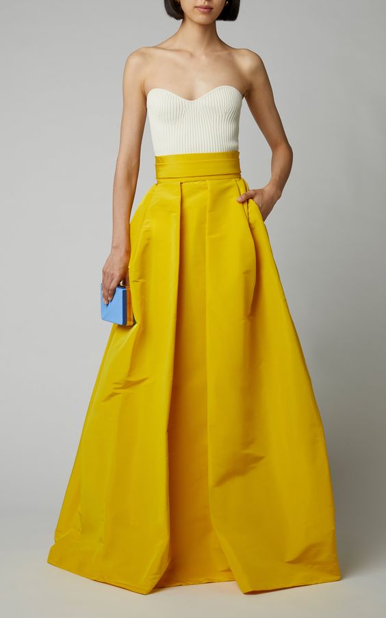 Elegant Yellow Long Taffeta Skirt Classic Formal Stylish Skirt