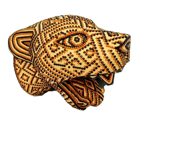 Hand Carved Jaguar of Power Decorated with Chaquira Artwork