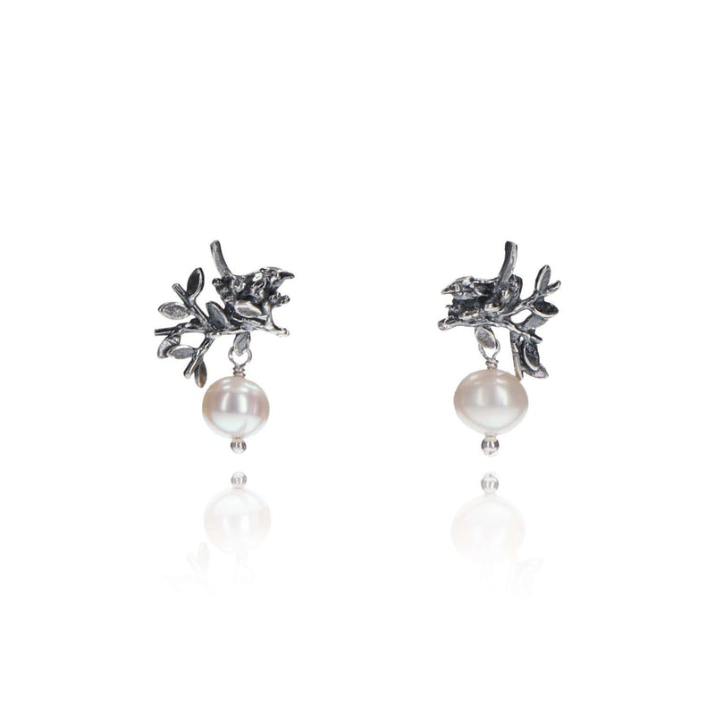 Nesting Bird Earrings with Leaves in Sterling Silver and Pearls
