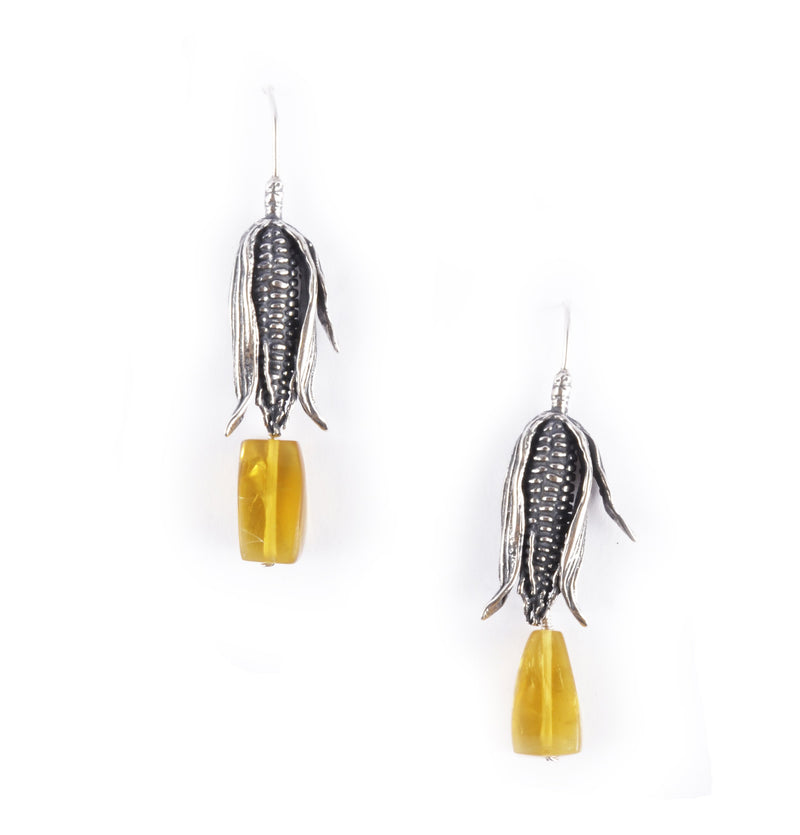 Corn Husk Earrings in Sterling Silver and Amber