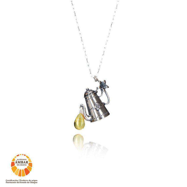 Coffee Pot with Flowers and Amber Drop Necklace in Sterling Silver