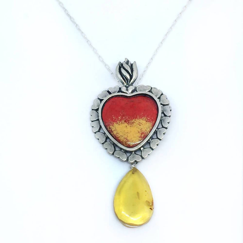 Polished Reef Heart Necklace in Sterling Silver and Amber