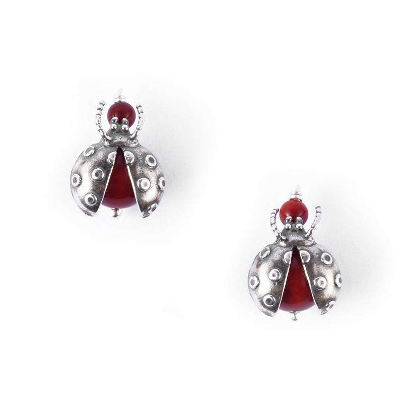 Coral Ladybug Earrings in Sterling Silver