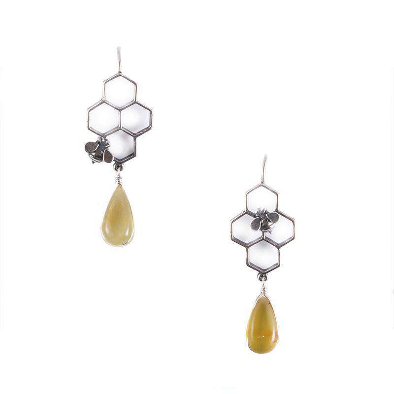 Four Honeycomb Earrings in Sterling Silver and Amber