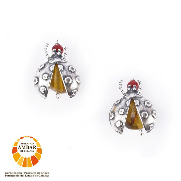 Ladybug Amber Earrings in Sterling Silver