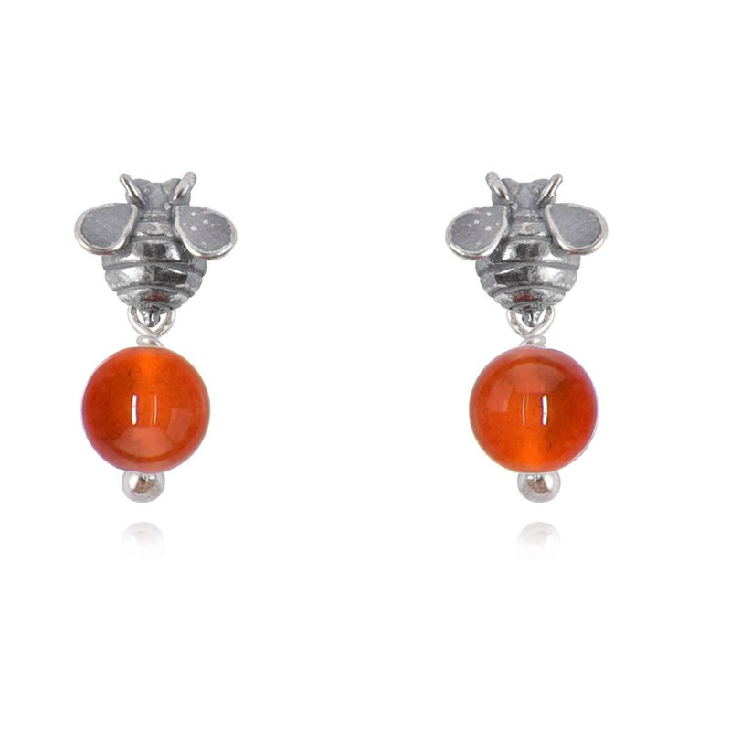 Mini Bee Earrings in Sterling Silver and Amber