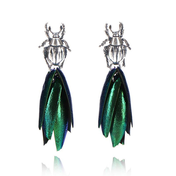 Feather Beetle Earrings in Sterling Silver