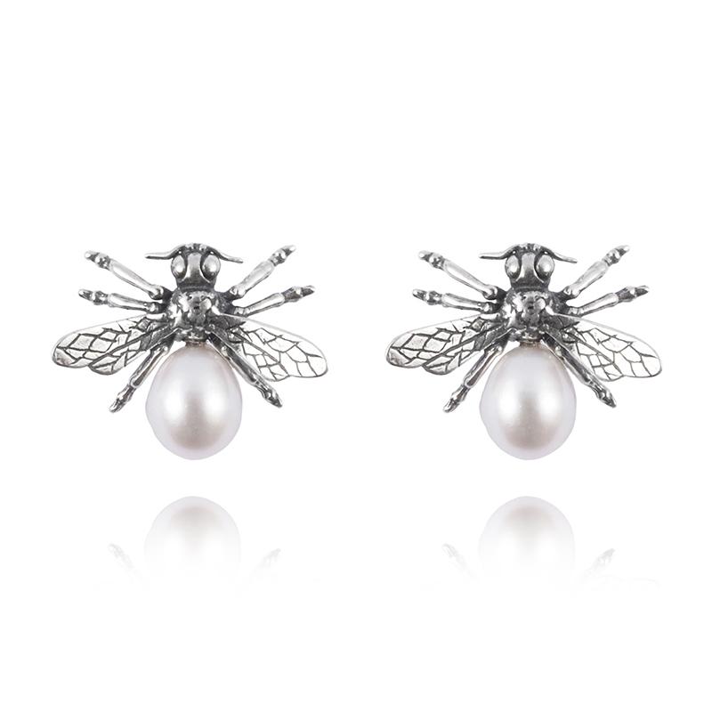 Pearl Queen Bee Earrings in Sterling Silver