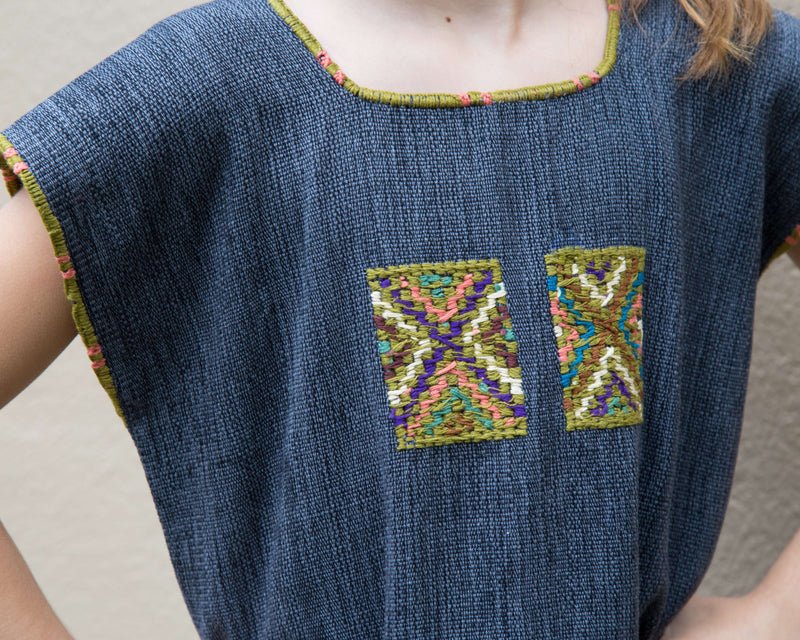 Blue with Green & Pink Blouse Hand-Woven in Loom