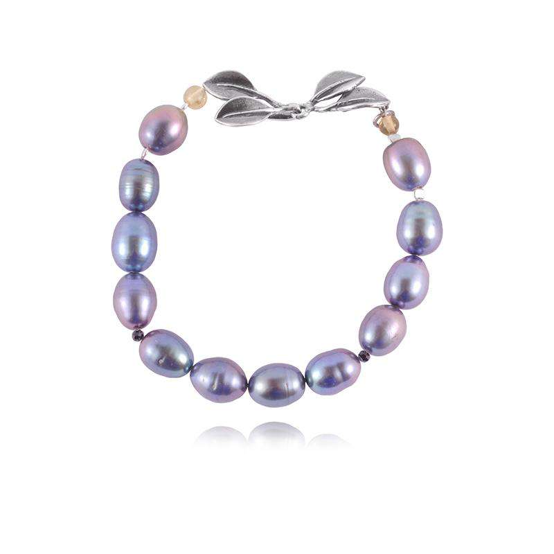 Pearl Bracelet With Two Mangroves Leaves in Sterling Silver and Grey Pearls