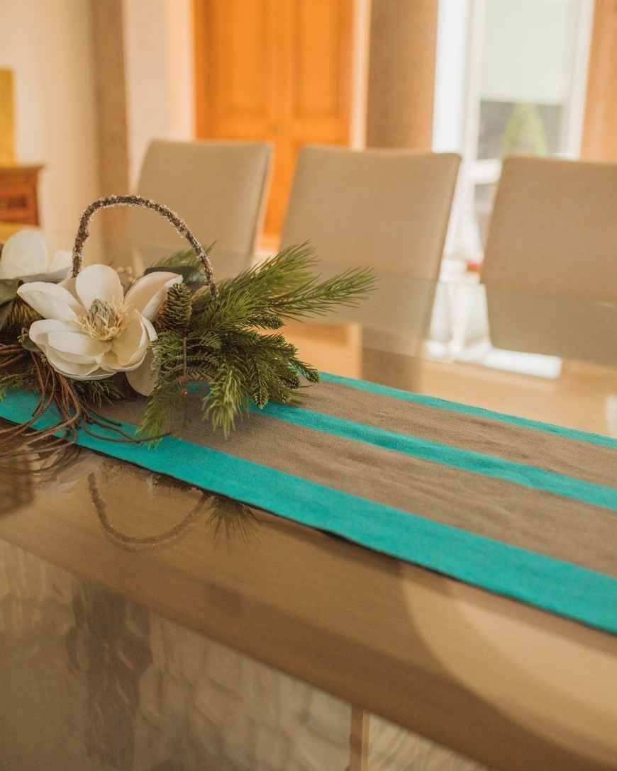 Light Blue, Green, Grey & Purple Table Runner Hand-Woven in Loom