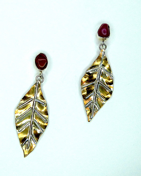 Ficus Leaf Collection Handmade Bronze and Sterling Silver Earrings with Jasper Gem