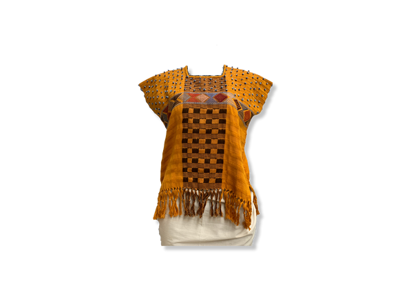 Traditional Huipil with Knotted Fringes