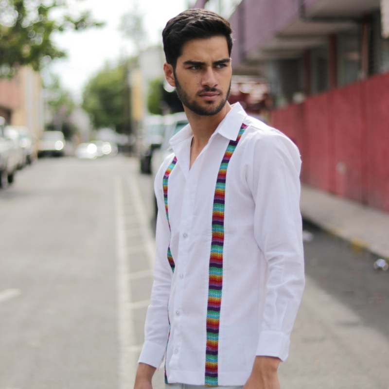 White Long Sleeve Guayabera with Accents