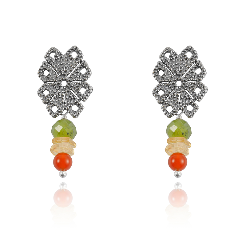 Amuzgos Flower Drop Earrings in Sterling Silver and Amber