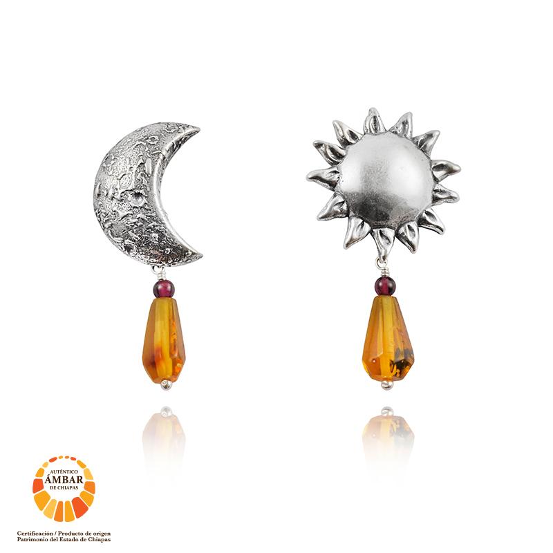 Moon And Sun Earrings in Sterling Silver and Amber
