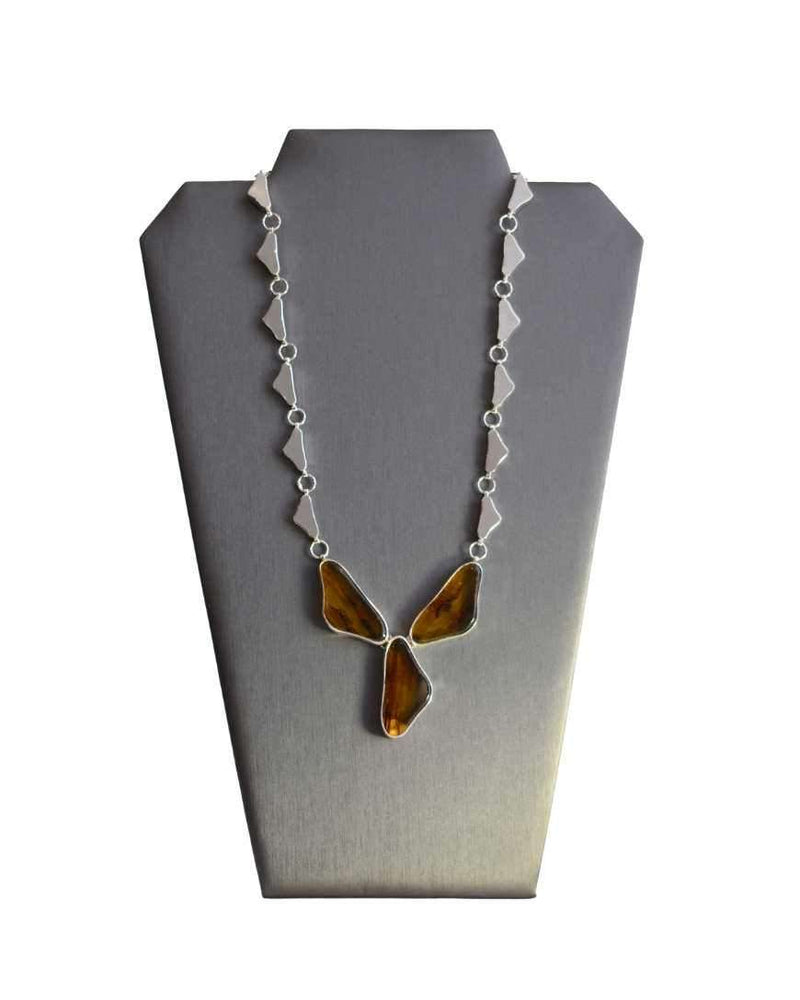 Fixed Bird Wings Necklace in Sterling Silver and Amber from Chiapas