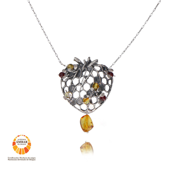 Beehive Heart Necklace in Sterling Silver and Amber