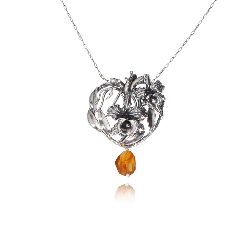 Heart of a Woman Necklace in Sterling Silver and Amber