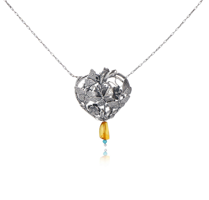Reborn Heart Necklace in Sterling Silver and Amber