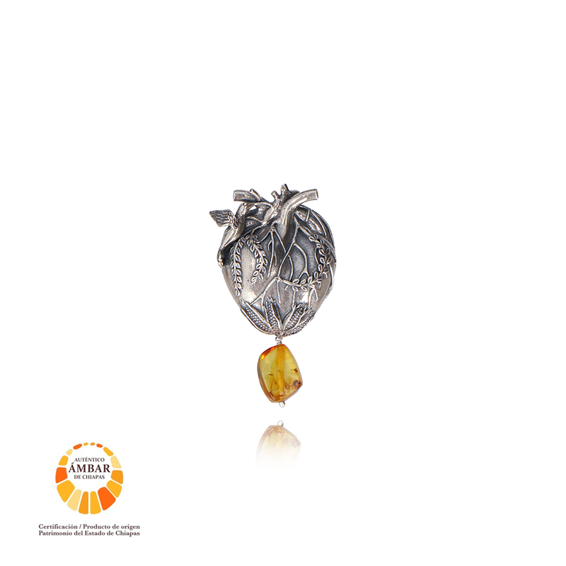 Earth Heart Pin in Sterling Silver and Amber