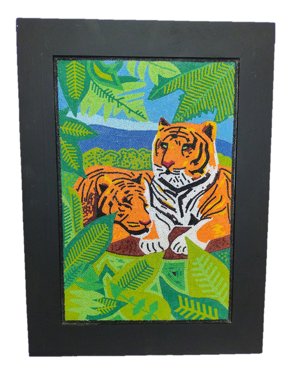Framed Quiet Tiger with Chaquira Artwork