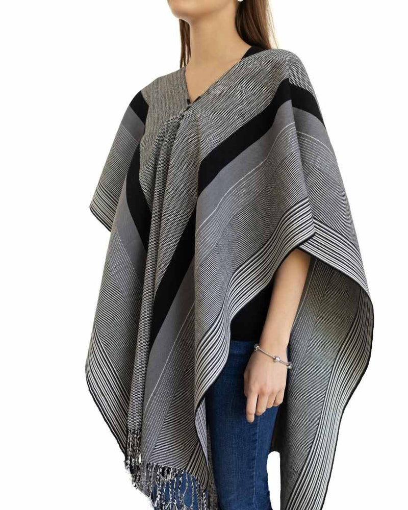 Black, Grey & White Poncho Hand-Woven in Loom