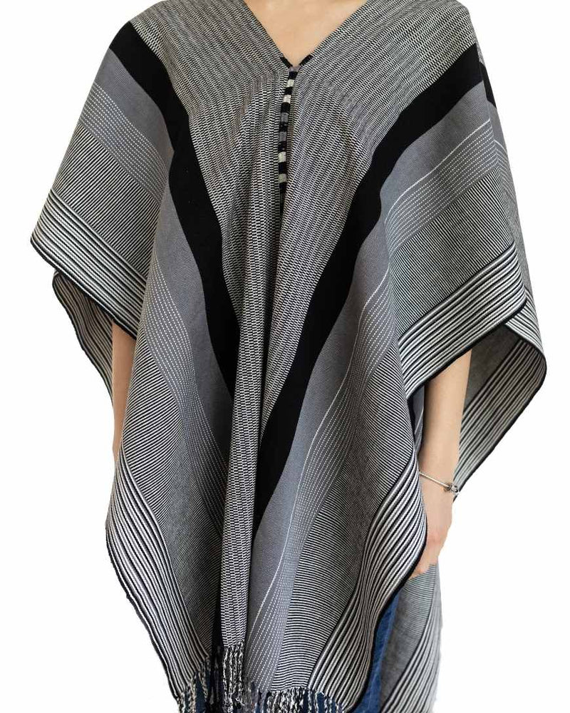 Black, Grey & White Poncho Hand-Woven in Loom